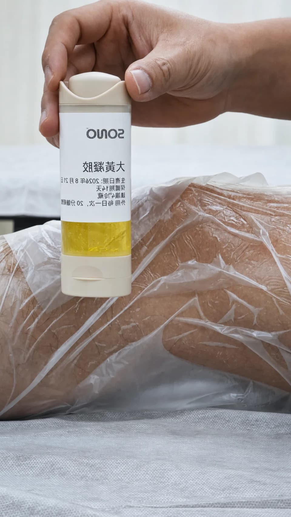 以透明覆膜覆蓋膝部中藥凝膠
